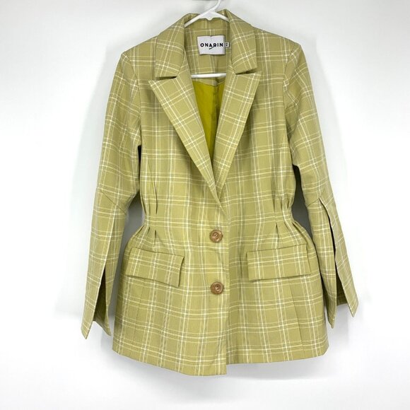 Onarin Blazer Yellow Print Plaid Cinched Button Down Lined Jacket - Picture 2 of 9